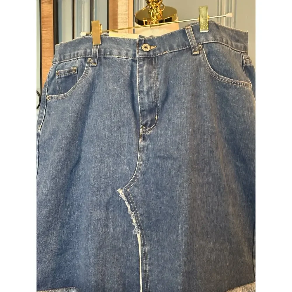 Women's Plus Umgee Modest Western Blue Denim Jean Skirt Frayed Hem NWT 2XL